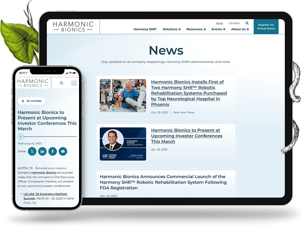 Tablet view of the Harmonic Bionics News overview, and a phone view of a news subpage