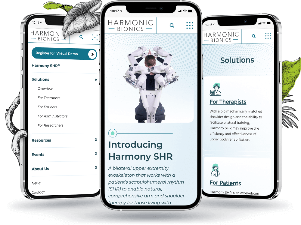 Phone view of the Harmonic Bionics homepage, mobile menu, and solutions overview page
