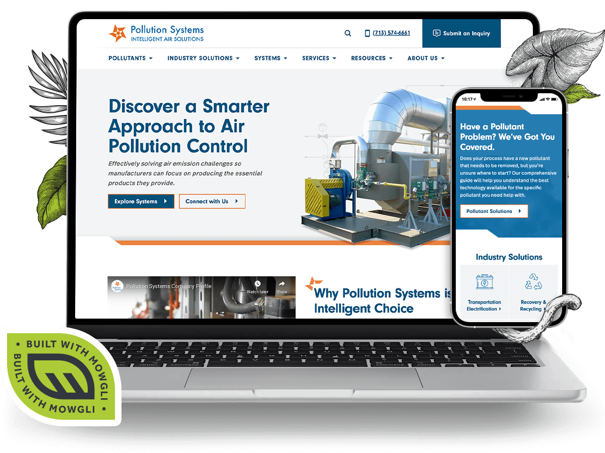 laptop and mobile view of mowgli built site Pollution Systems