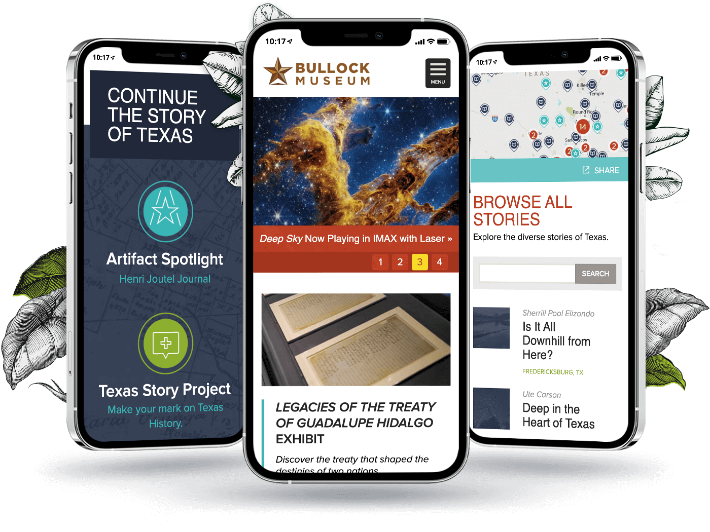 three phones showing the homepage, a call to action for Texas stories, and Texas stories database