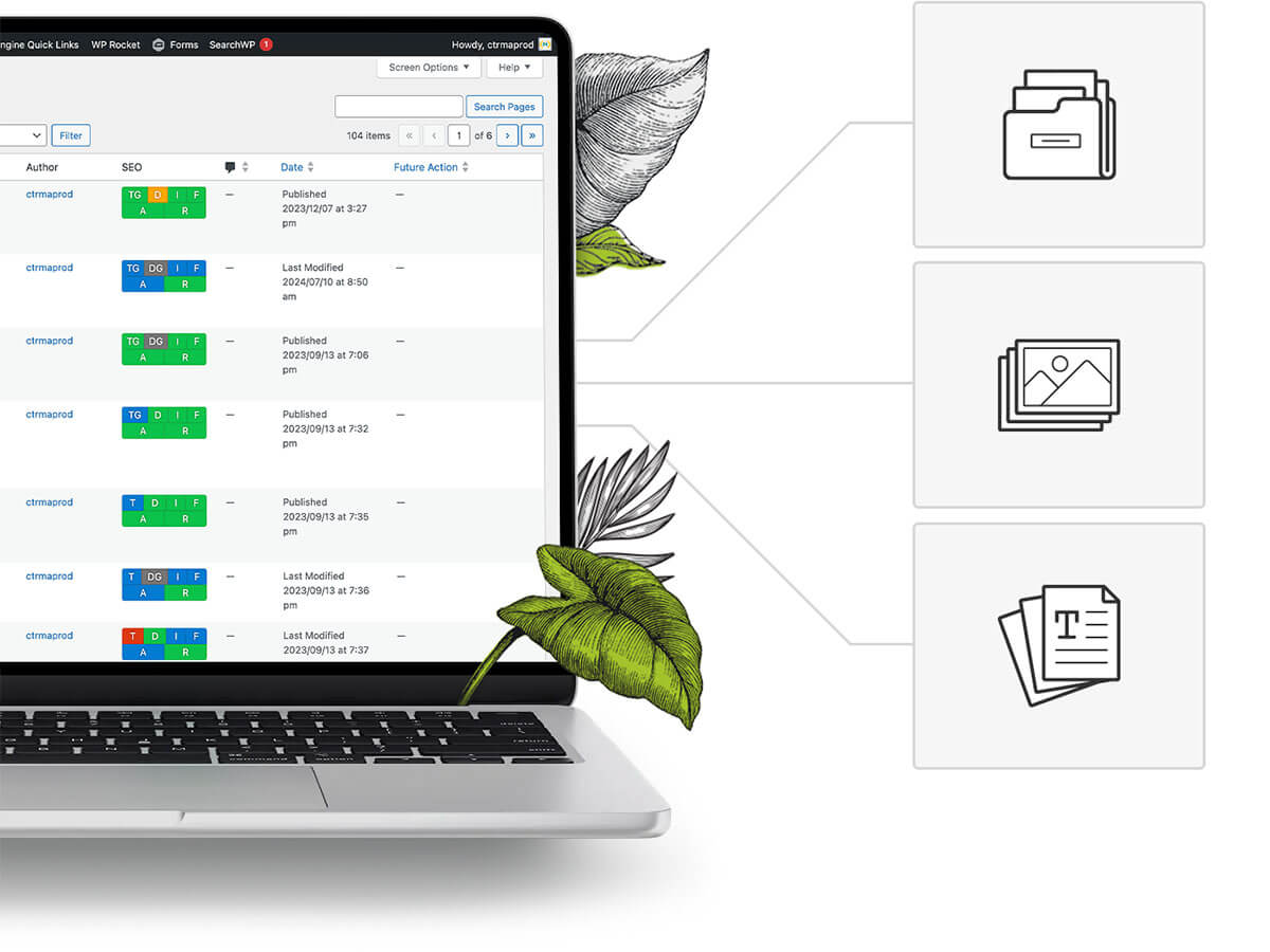 A laptop view of the CMS with icons representing the types of uploaded content – files, images, and text