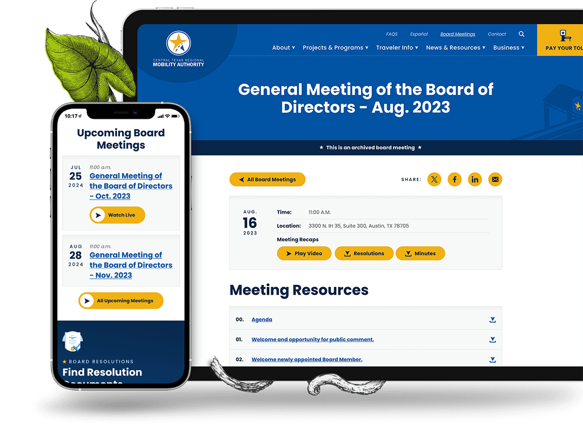 Tablet view of a board meeting subpage with resources and a phone view of the overview highlighting a button to watch live