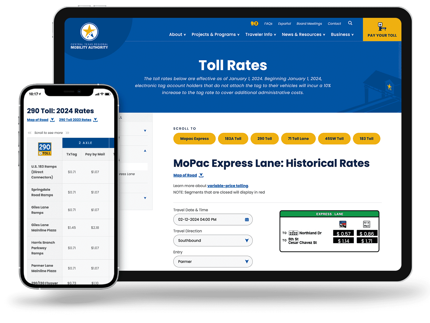 A tablet showing the mopac express lane historical rates, and a phone showing the table for highway 290 toll rates