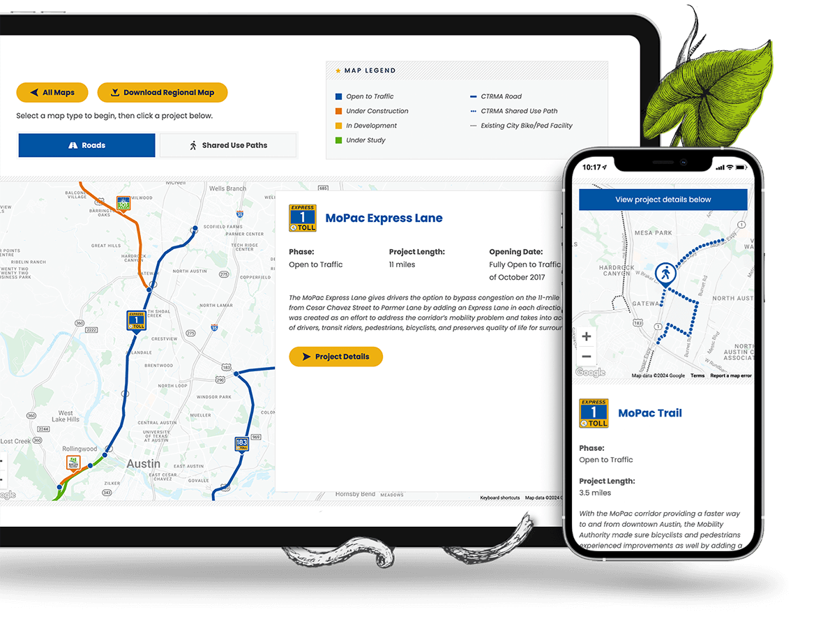 A tablet view of the mobility authority interactive project map and a phone view of the interactive shared paths map