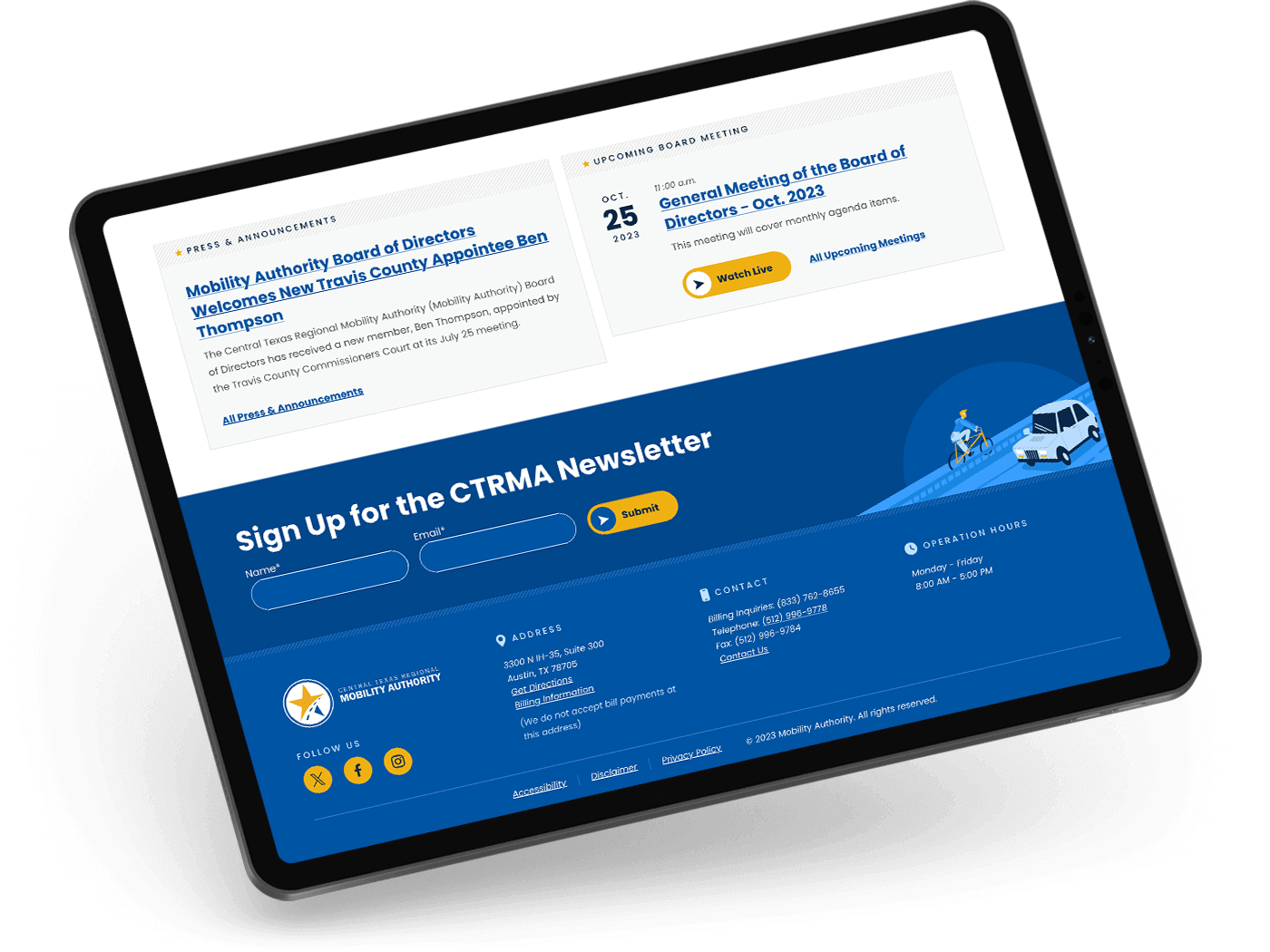 Tablet view of the mobility authority press and board meeting feeds and the site footer