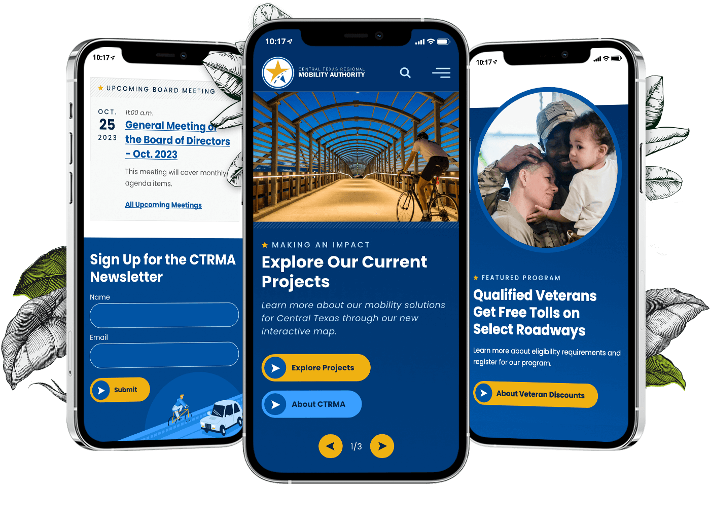 Three phone displaying the CTRMA homepage, the board meeting feed with the footer, and a CTA for veteran discounts