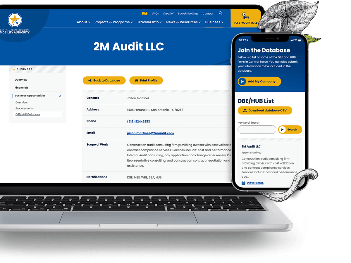 A laptop view of the DBE/HUB database company profile and a phone view of the database listings with a keyword search