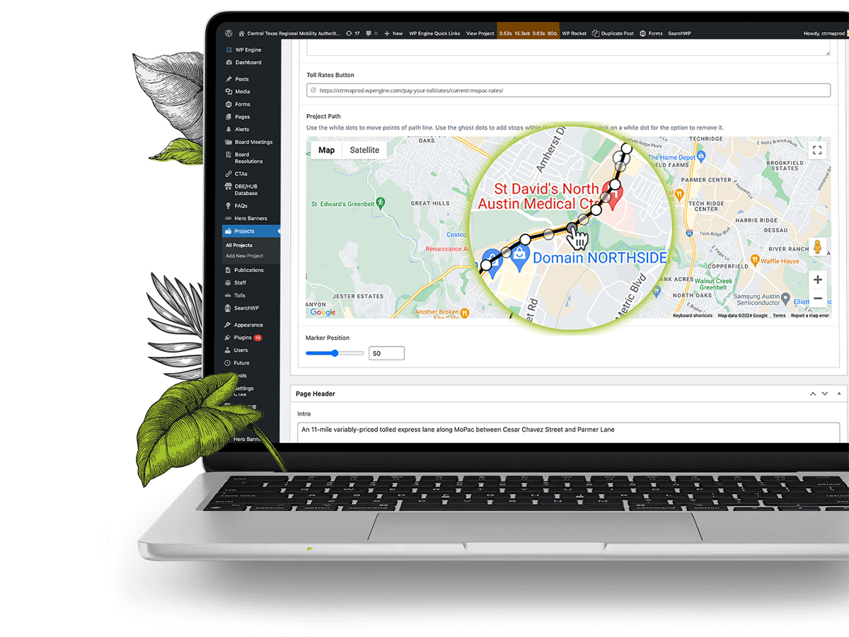 Laptop view of the interactive map backend with a zoom on the map pathway controls