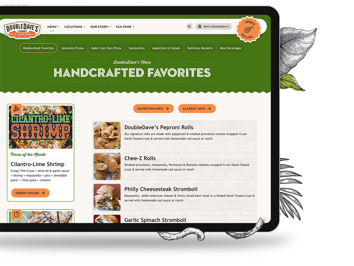 Tablet showing handcrafted favorites on the menu