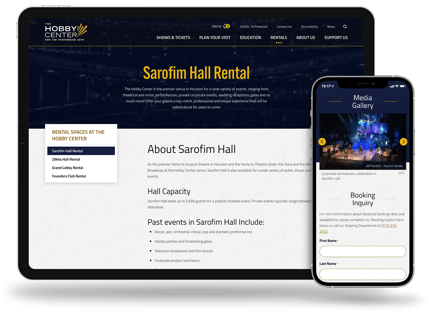 tablet and phone view of the rental space details and booking form