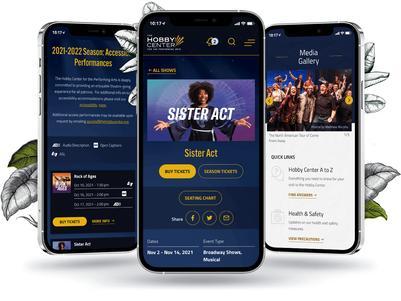 three phones showing show details, a show media gallery, and accessible performances overview