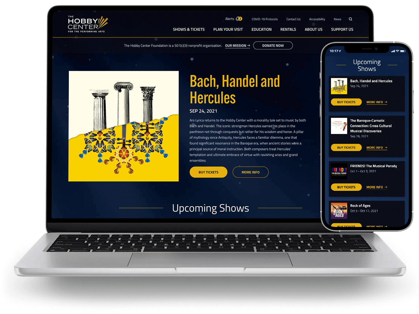 laptop and phone view of the hobby center homepage